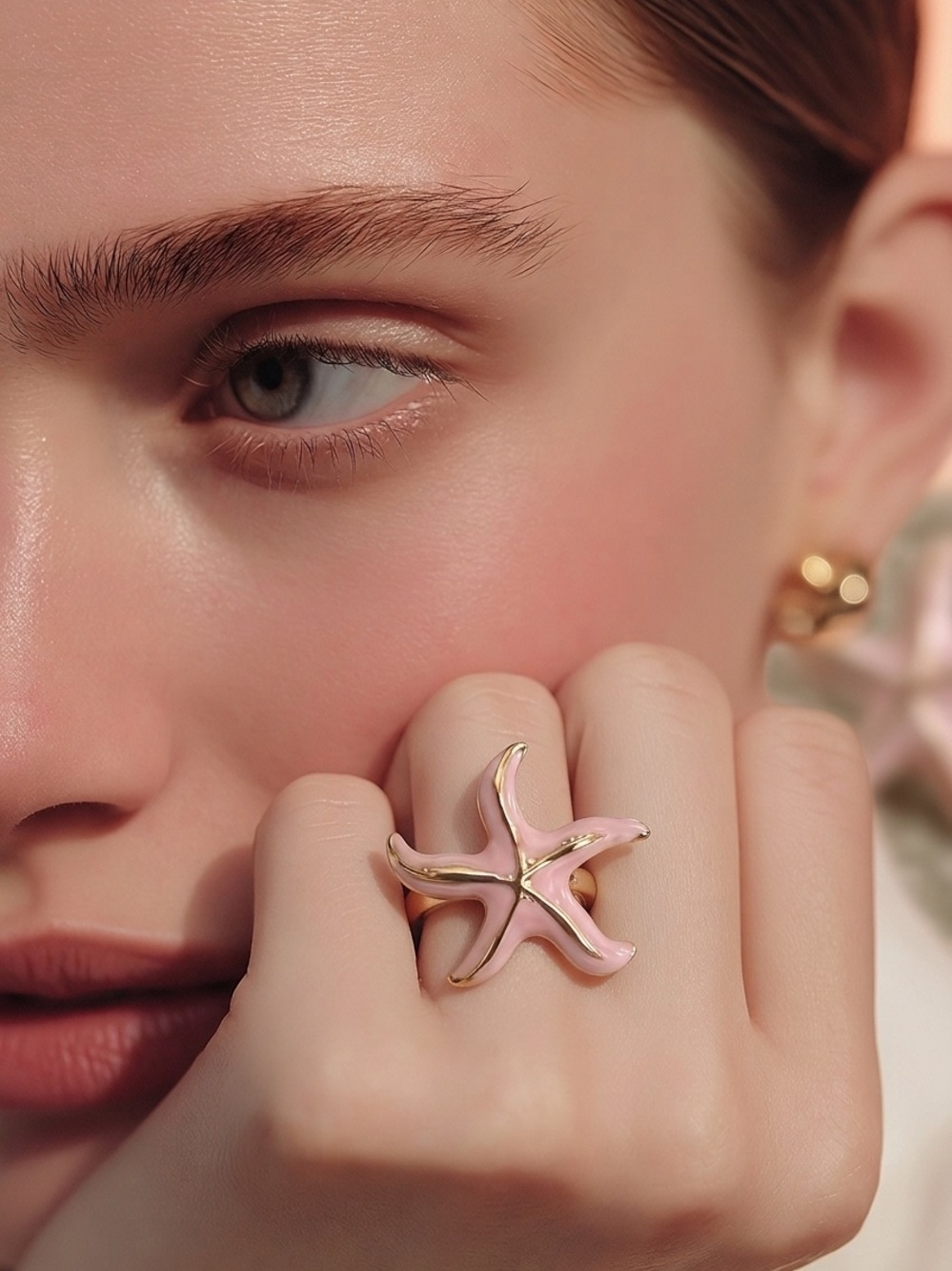 Women’s Gorgeous Pink & Gold Starfish Statement Adjustable Ring Size 6-9